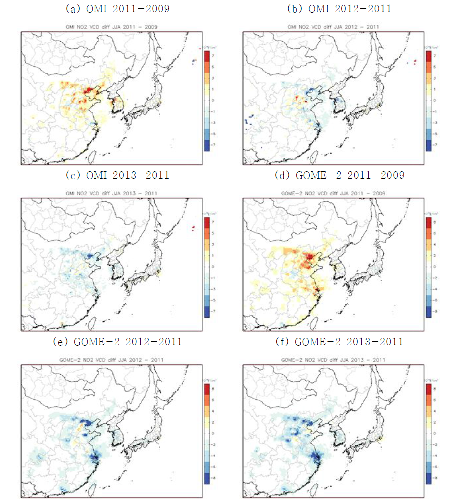 OMI와 GOME-2에서 측정한 NO VCD 변화의 수평분포2