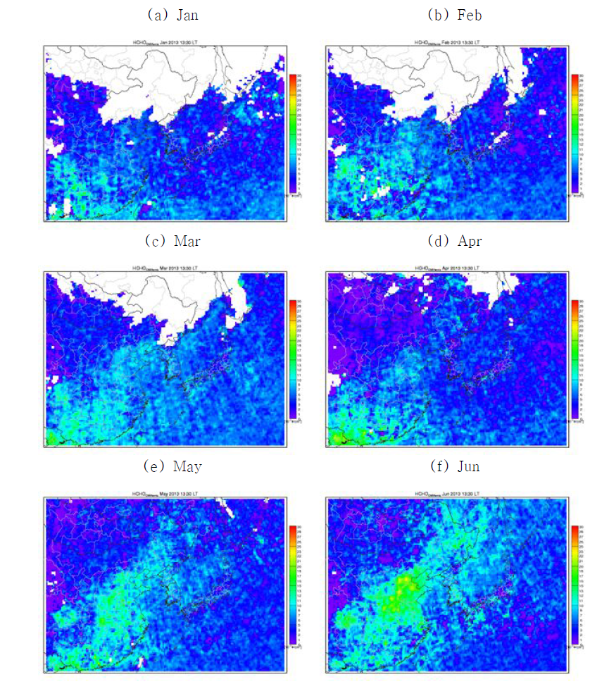 OMI HCHO VCD 의 월별 평균 분포 (Jan. – Dec. 2013)