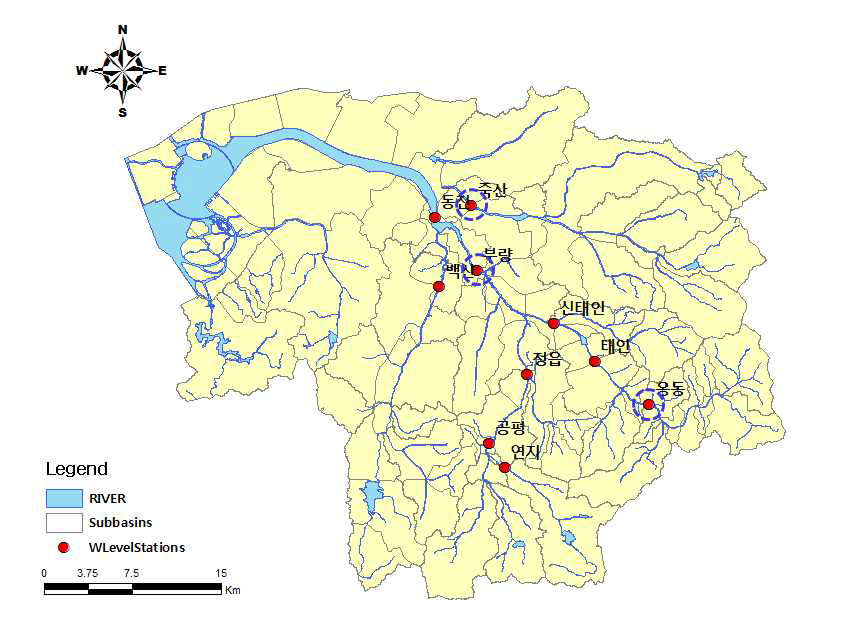 동진강유역 수위-유량 측정지점 및 유량 보정지점 위치도