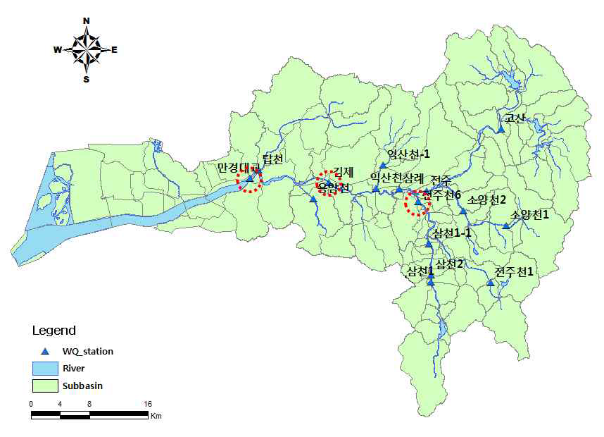 만경강유역 수질측정망지점 및 수질 보 검정지점 위치도