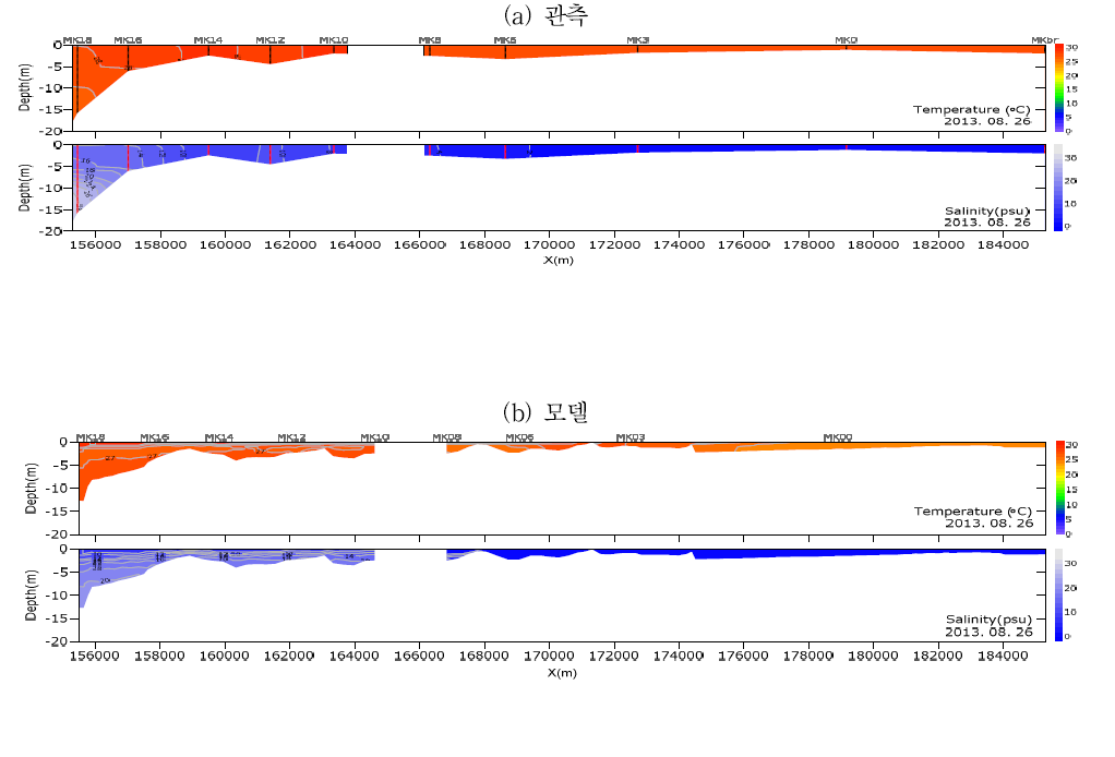 수온·염분 보정 단면분포(만경, 2013/08)