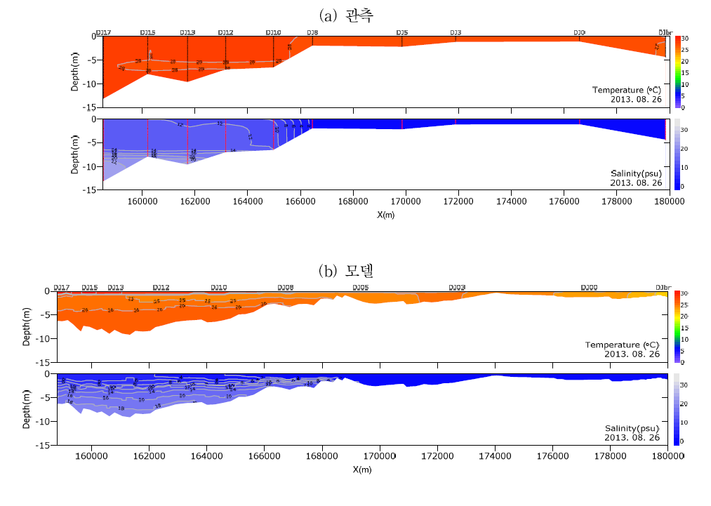 수온·염분 보정 단면분포(동진, 2013/08)