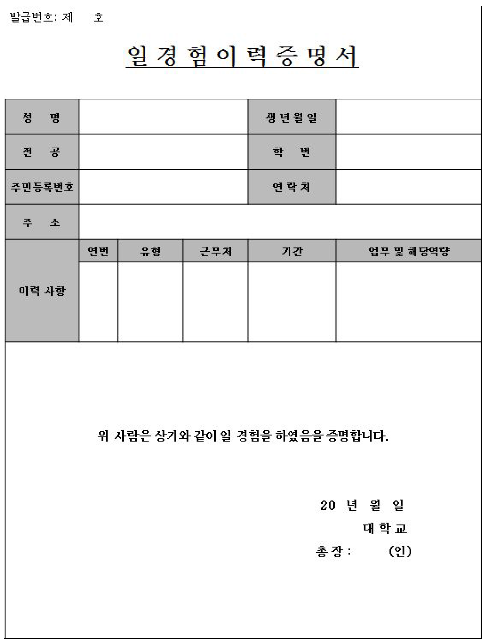 일 경험 이력증명서 예시