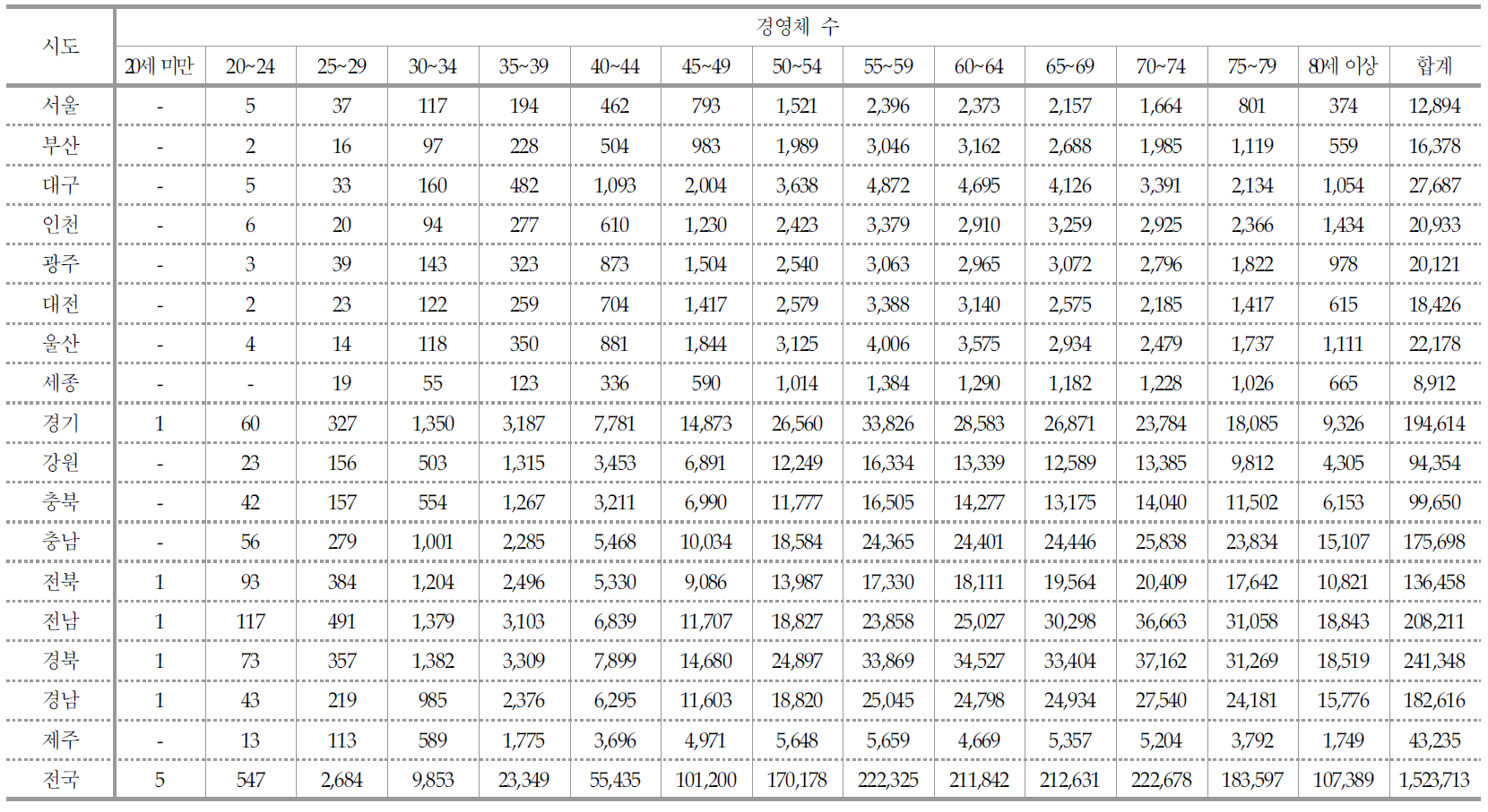 지역 및 경영주 연령별 농업경영체 상세 현황