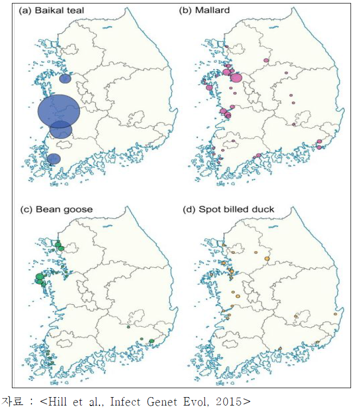 한국 주요 겨울 철새 서식지 분포 지도