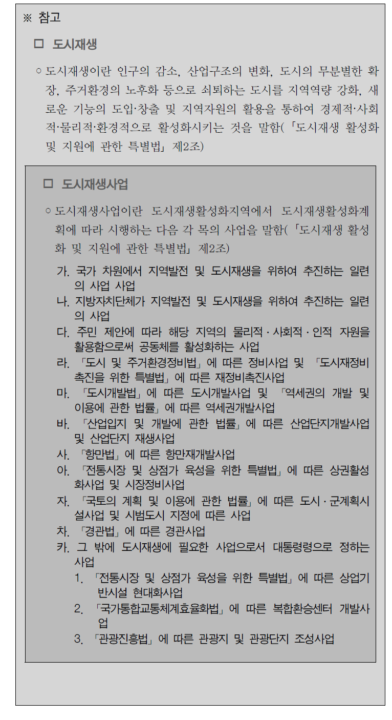 도시재생 및 도시재생사업의 정의