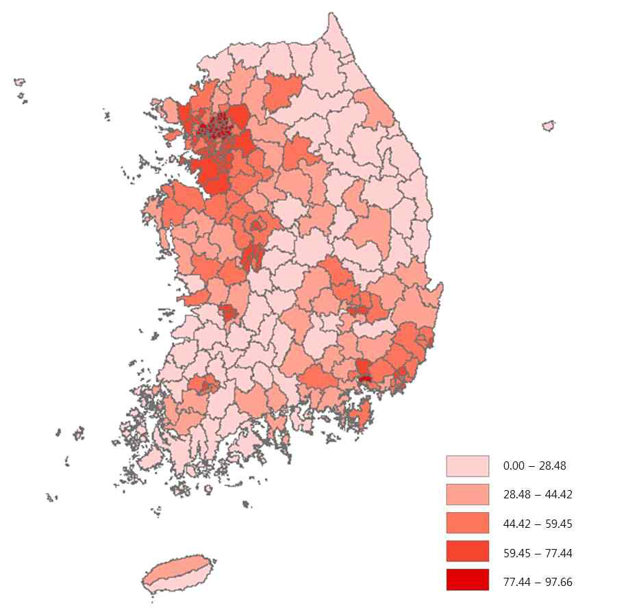 전국 시군구별 용적률 충당률 현황(2014년 기준, 9개 주요 용도지역 종합)