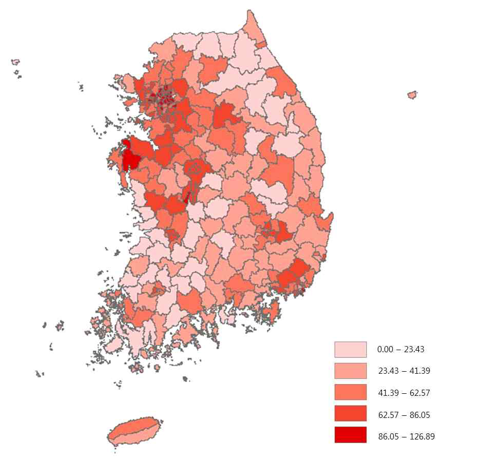 전국 시군구별 제1종 일반주거지역 용적률 충당률현황 (2014년 기준)