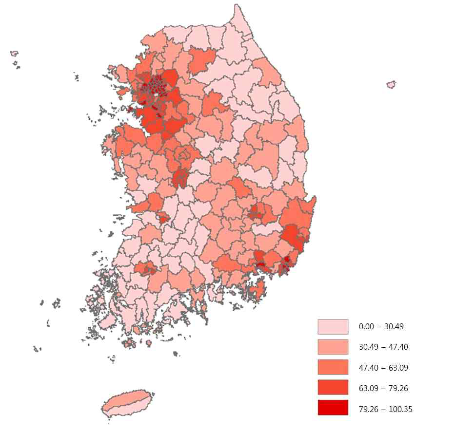 전국 시군구별 제2종 일반주거지역 용적률충당률 현황(2014년 기준)