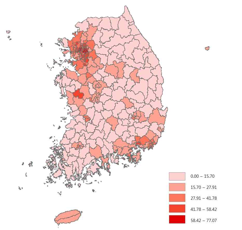 전국 시군구별 일반상업지역 용적률 충당률 현황(2014년 기준)