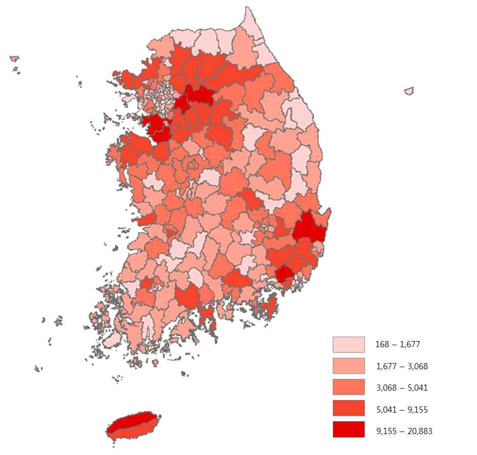 전국 시군구별 주거용·상업용 건축물 신축 현황(2005~2014년, 동수 기준)