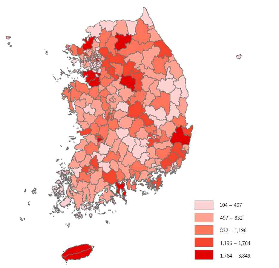 전국 시군구별 주거용·상업용 건축물 리모델링 현황(2005~2014년, 동수 기준)