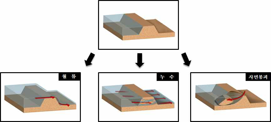 제방의 붕괴 원인에 따른 모식도.