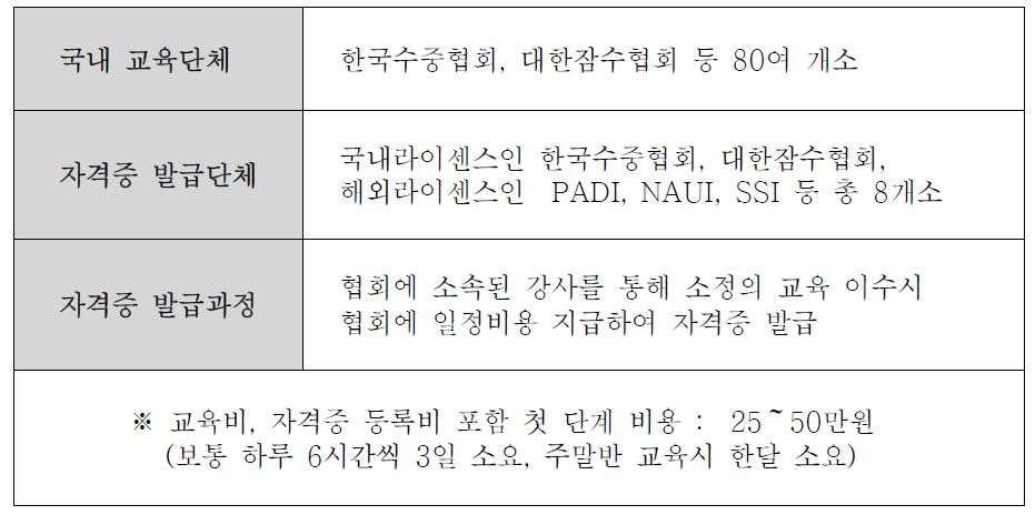 수중형 체험활동 관련 자격증 현황