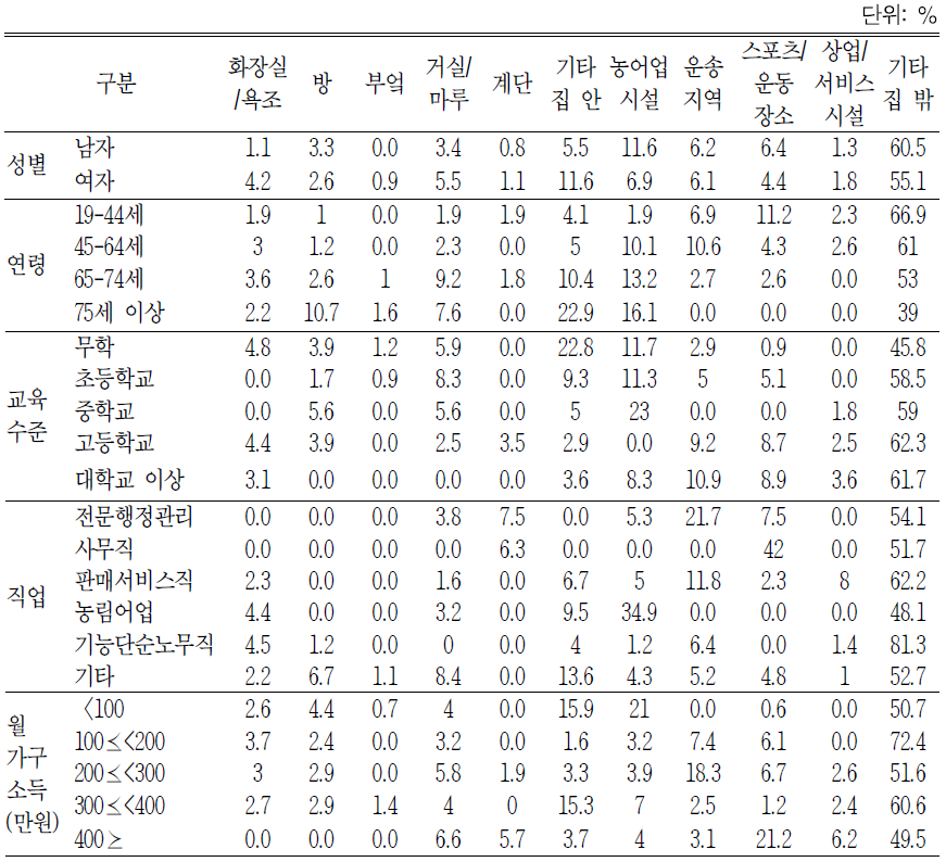 특성별 낙상 발생장소, 2013