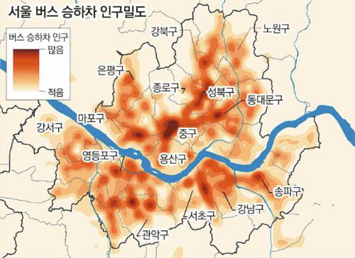 서울시 버스 승하차 인구 밀도 지도