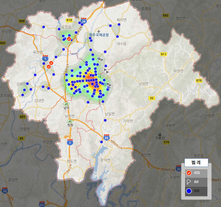 청주시 교통 소통정보 설치지점 밀도분석