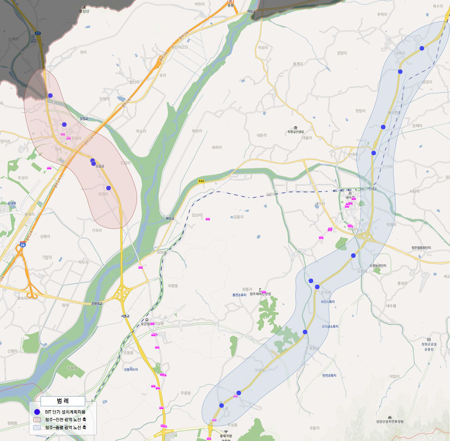 청주-증평-진천 광역버스정보시스템 버스정보안내 설치 계획지점