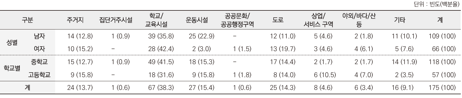 청소년인식조사 : 청소년 손상장소