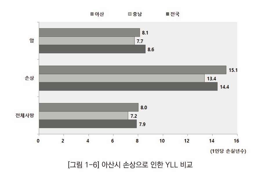 아산시 손상으로 인한 YLL 비교