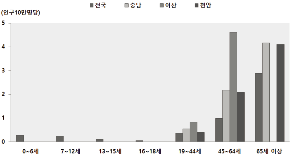 2013년 아산시 생애주기별 화상/화재사고 사망률