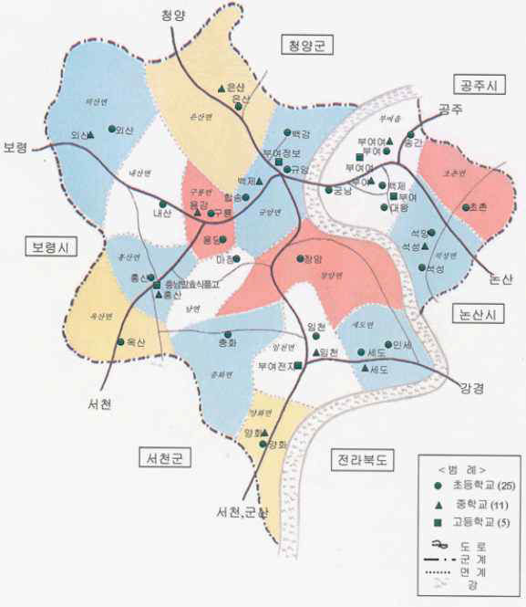 부여군 초·중·고등학교 분포도