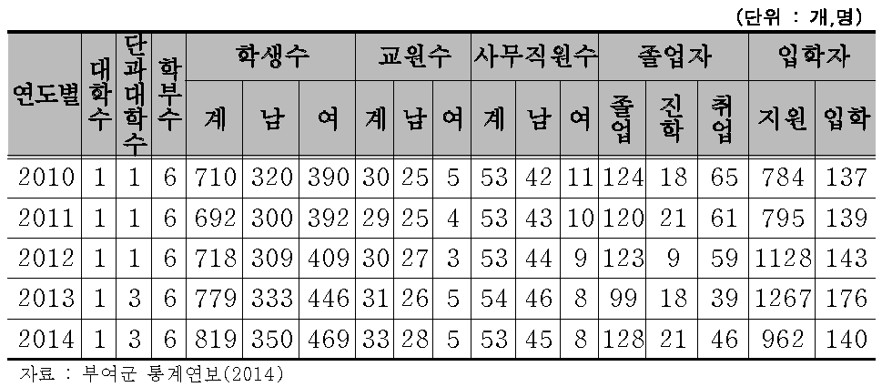 최근 5년간 부여군 대학교 현황(한국전통문화학교)