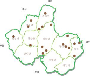 청양군 체험농장, 산촌마을 위치지도