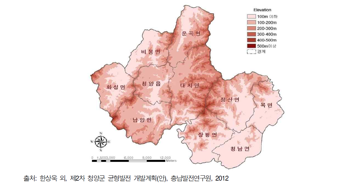 청양군의 표고와 경사도