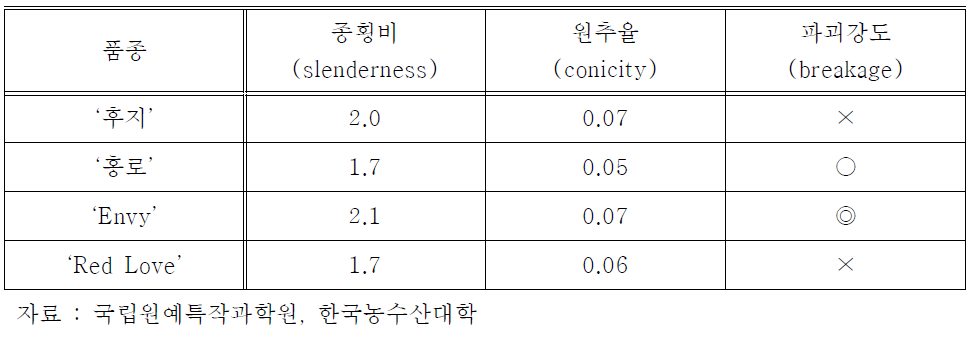 품종 별 신초 생장습성 비교