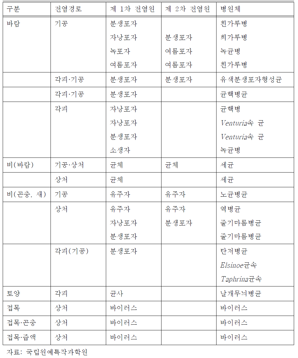 과수 병원체 주요 전염경로