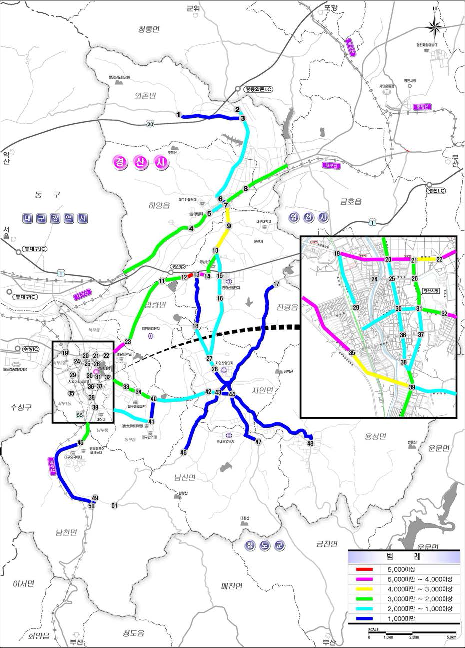 경산시 주요 가로구간의 교통량 현황(첨두시 8~9시 기준)