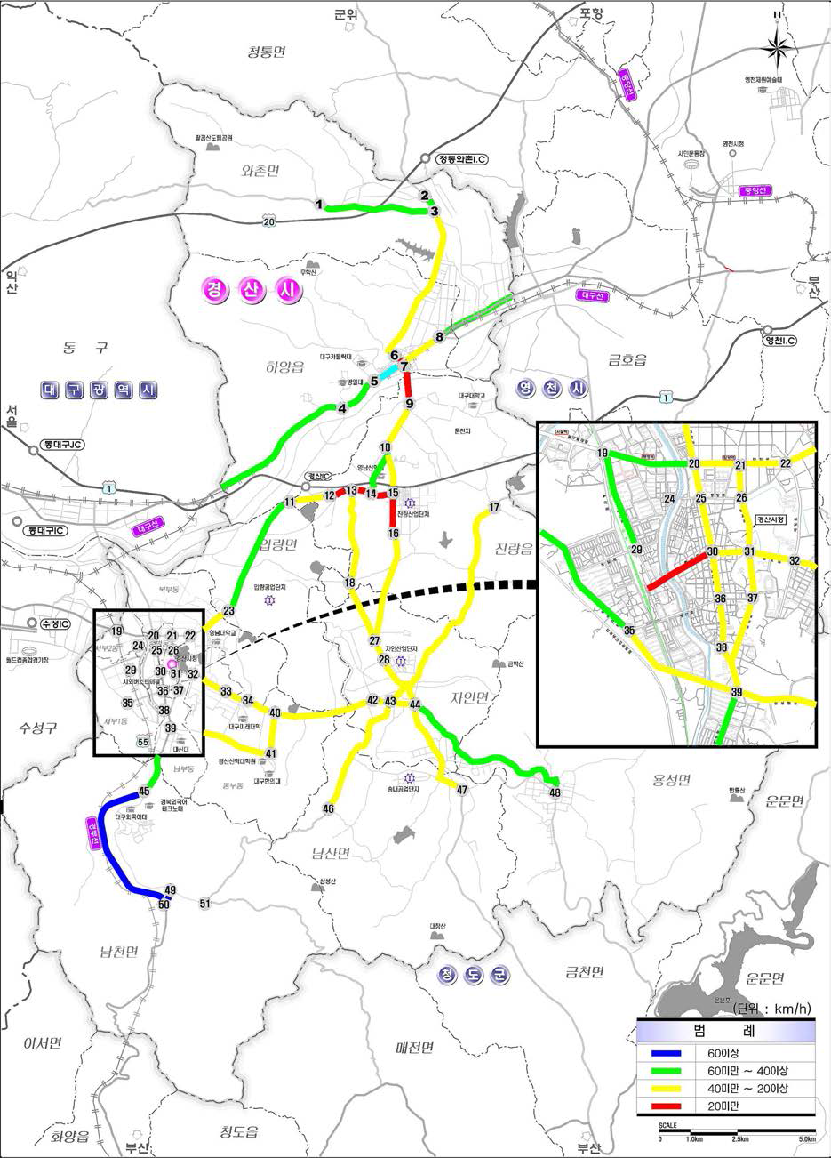 경산시 주요 가로구간의 속도 현황(첨두시 8~9시 기준)