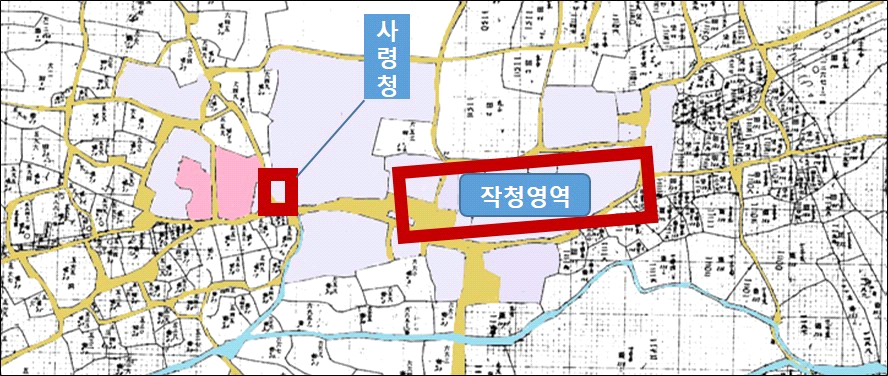 지적원도(1911) 중 작청 영역(지번 654, 1164~1166번지 관아 대지 일대)과 추정 사령청 터