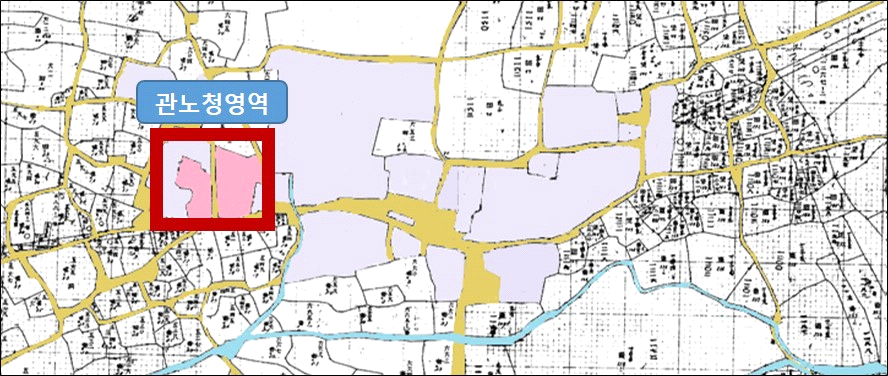 지적원도(1911) 중 추정 관노청 영역(지번 556~560번지 관아 대지 일대)