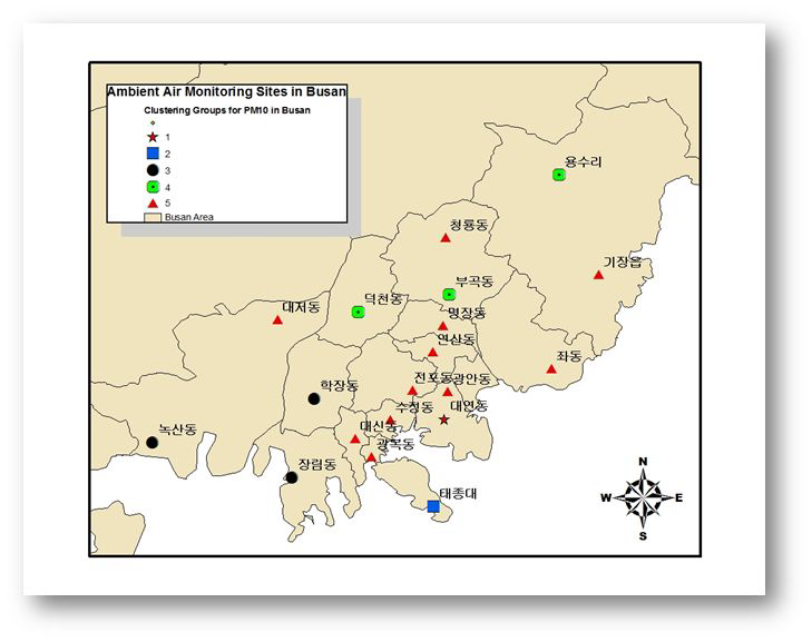 부산시 PM10 모니터링 사이트 군집 분석 결과