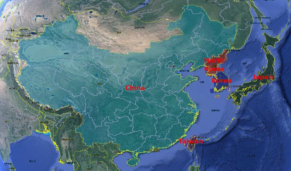 체류시간분석을 실시하기 위해 구분한 주요 동아시아 지역