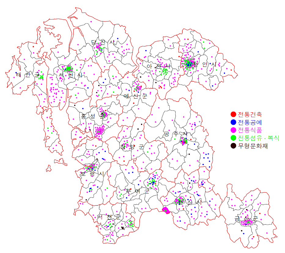 충청남도 전통문화산업 시군별 분포도