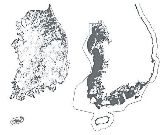풍력단지 개발가능 영역 육상(좌), 해상(우)