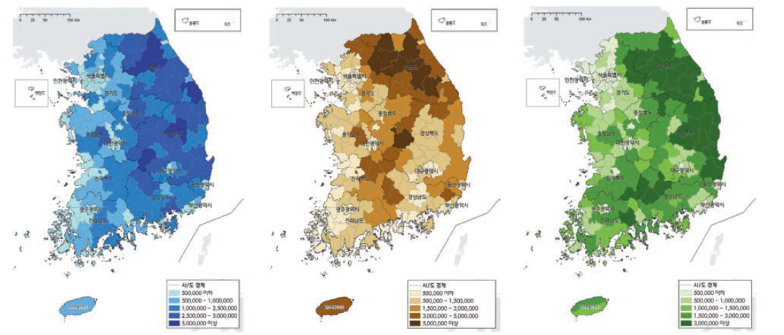 지역별 산림의 바이오매스 자원량 지도침엽수림(좌), 활엽수림(중), 혼효림(우)