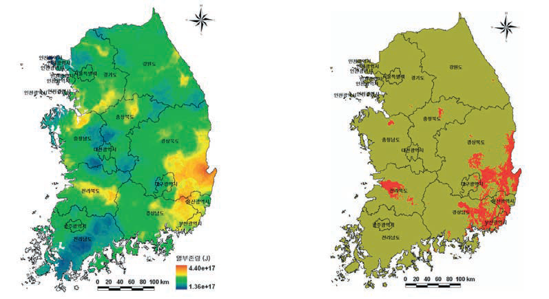 심부지열 잠재량 분포도 열 부존량(좌), 가용자원(우)