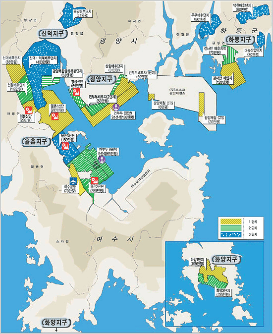 광양만권경제자유구역 사업단지 위치와 단계별 사업구분