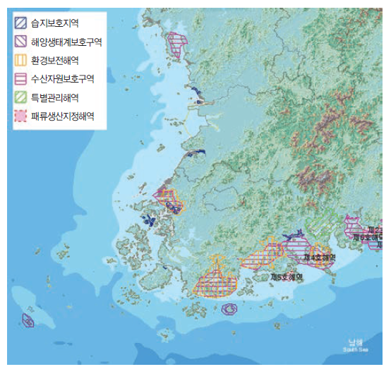 전라남도 연안 보호지역의 분포