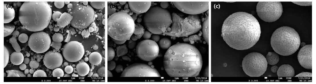 실리카 나노 입자(Ludox HS-40)을 원료로 활용하여 제조된 다공질 실리카 입자의 주사전자현미경 이미지.