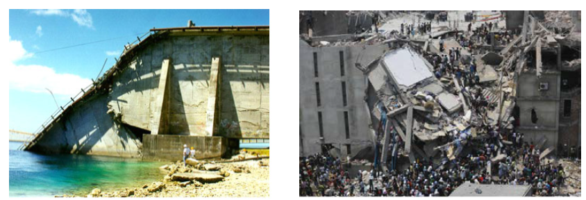 콘크리트 구조물 붕괴사례: 팔라우 Koror-Babeldaob Bridge2) (좌), 방글라데시Rana Plaza (우)