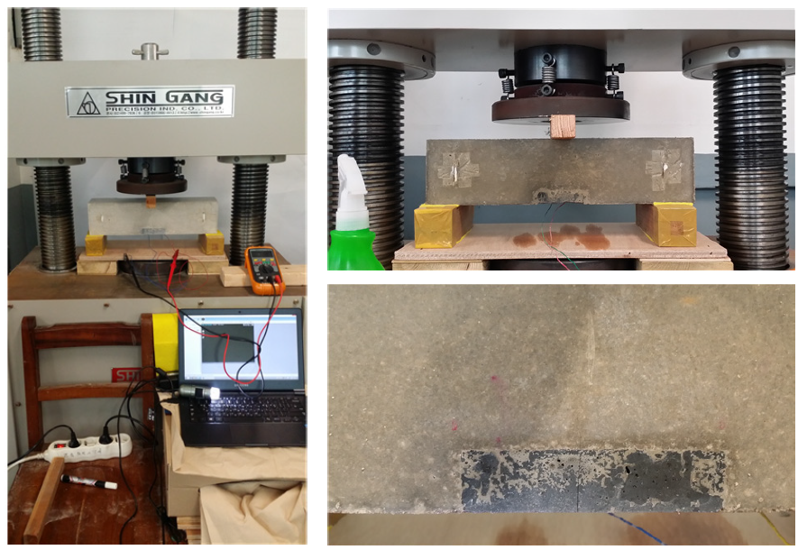 Experimental setup for measuring the electrical conductivity of the composite embedded in reinforced mortar under bending cracking