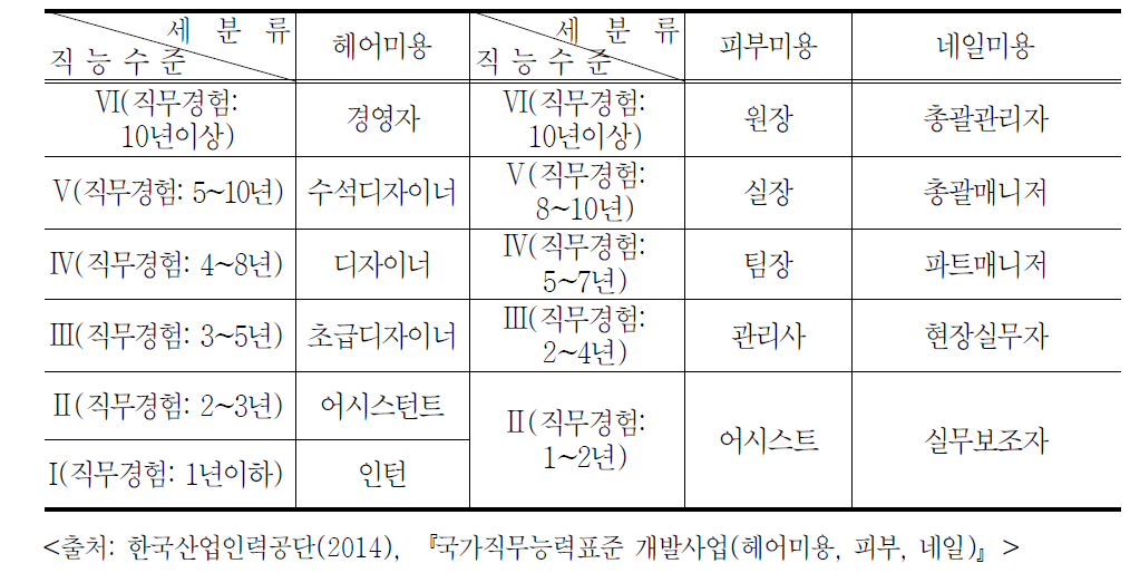 산업현장 헤어미용, 피부미용, 네일미용 분야 직무능력수준