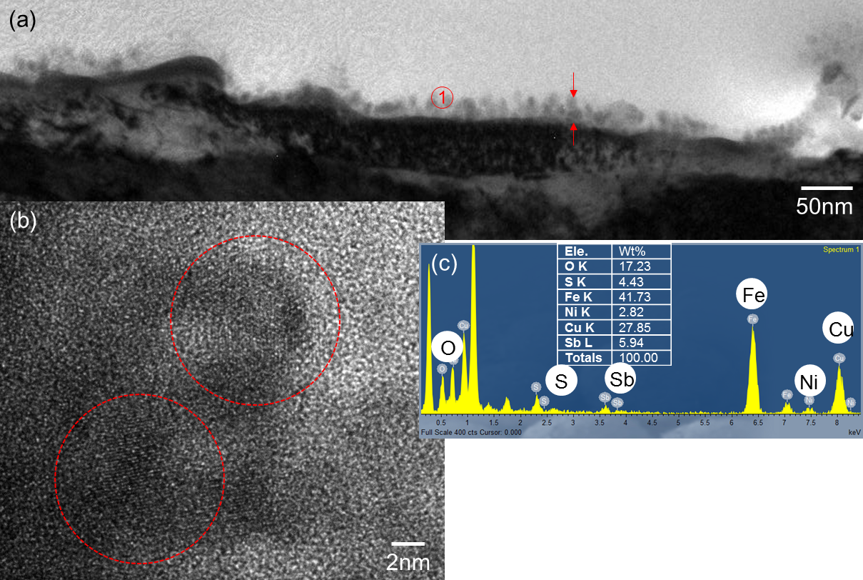 10분 침지시험 후 ANCOR-HS시편의 TEM에서 관찰한 대표적인 단면 형상 (a) 및 (b) HRTEM image (c) EDS spectra