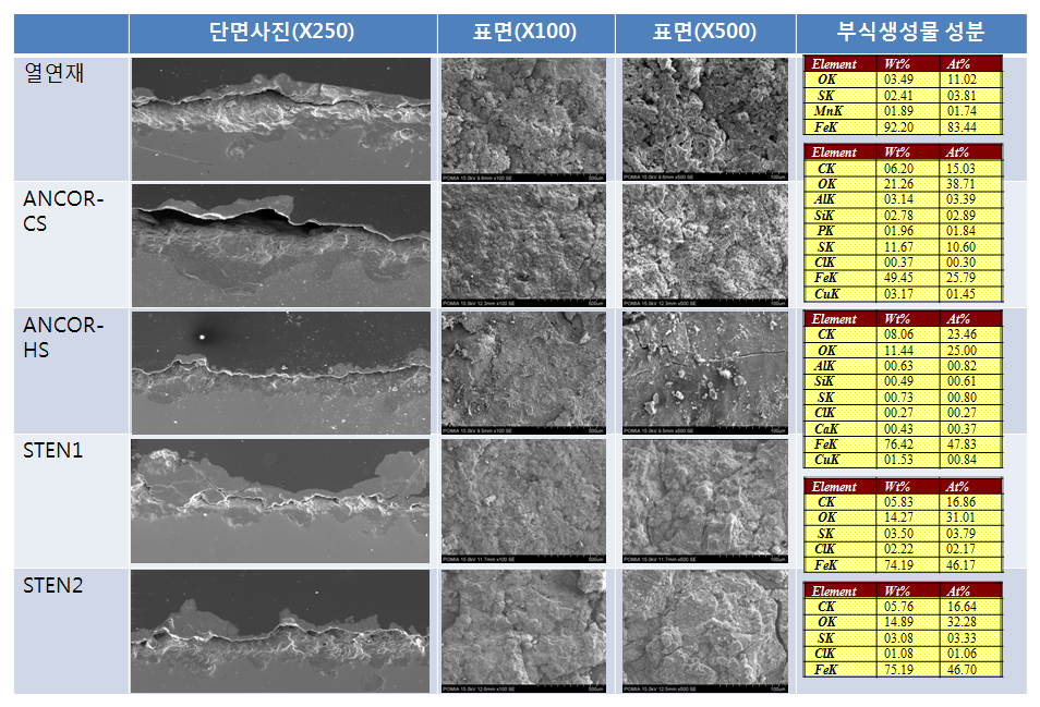 단면 부식생성물의 SEM 형상 및 EDS 분석