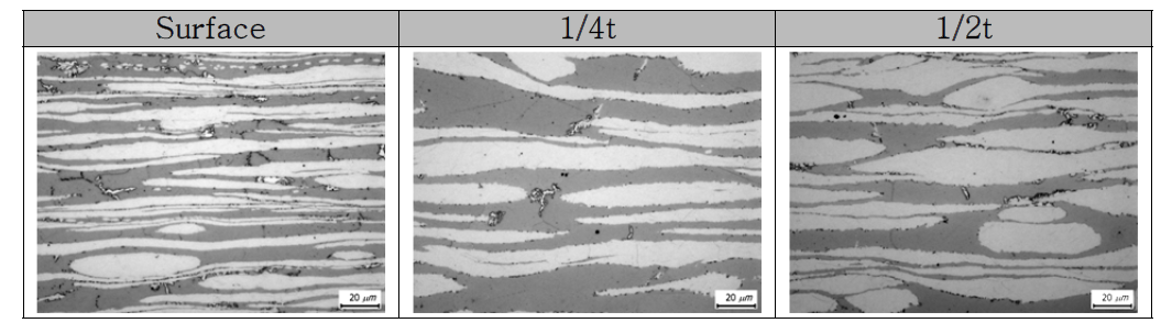 S82771강 후판 압연재의 두께방향 위치 별 미세조직